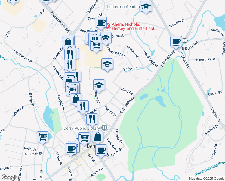 map of restaurants, bars, coffee shops, grocery stores, and more near 21 Mount Pleasant Street in Derry