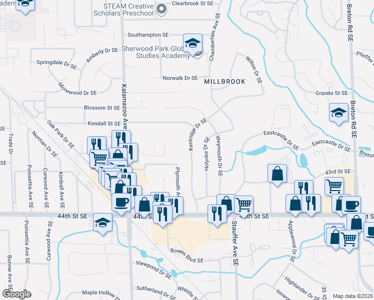 map of restaurants, bars, coffee shops, grocery stores, and more near 4141 Kentridge Drive Southeast in Grand Rapids