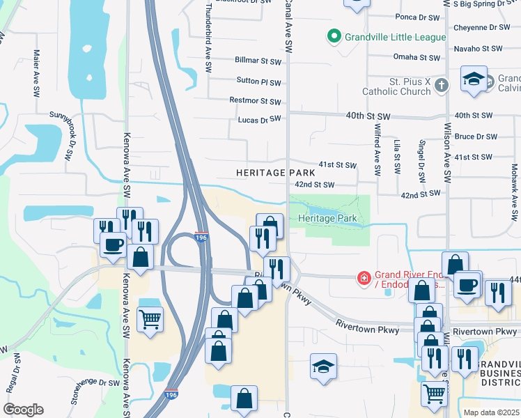 map of restaurants, bars, coffee shops, grocery stores, and more near 4401 Heritage Court Southwest in Grandville