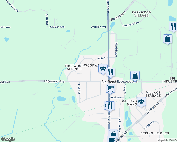map of restaurants, bars, coffee shops, grocery stores, and more near W231S8635 Villa Drive in Big Bend
