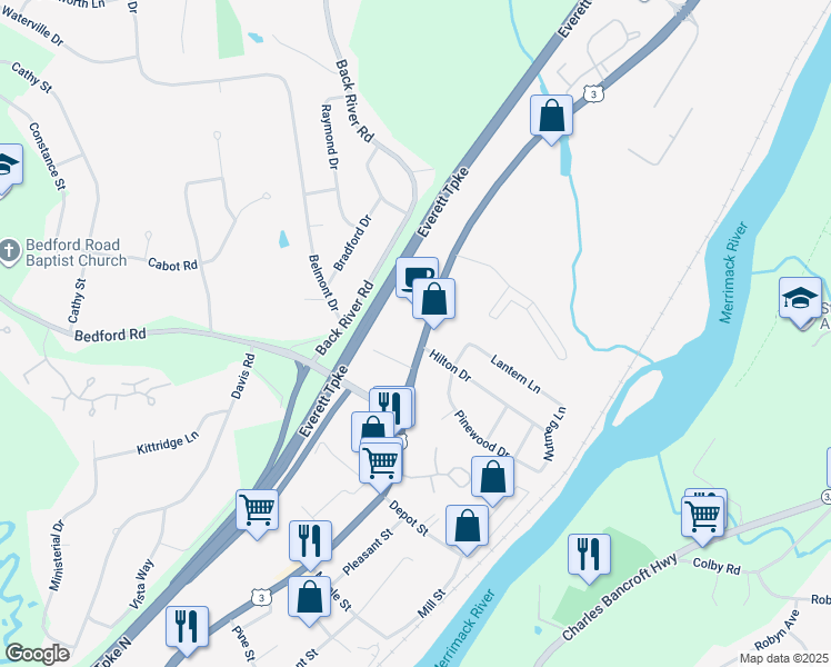 map of restaurants, bars, coffee shops, grocery stores, and more near 630 Daniel Webster Highway in Merrimack