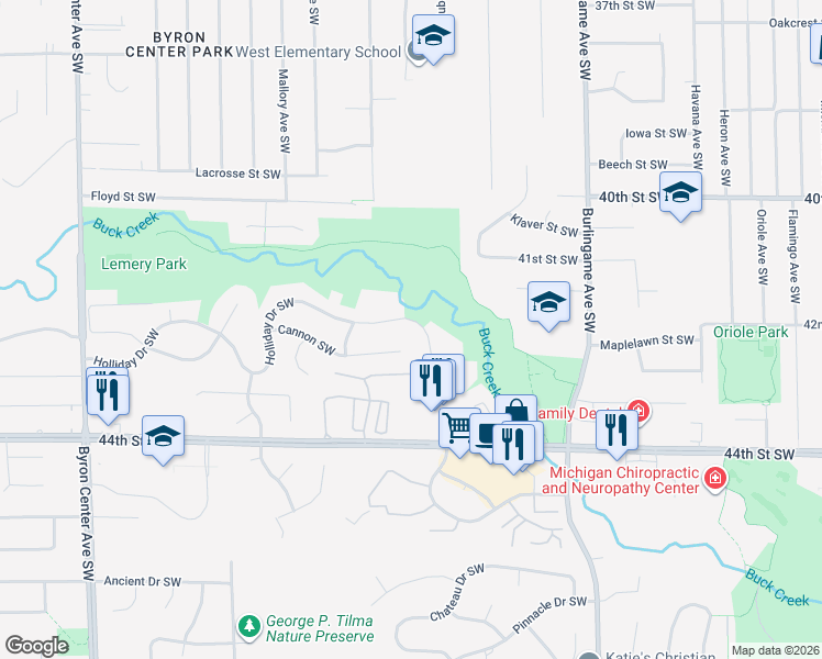 map of restaurants, bars, coffee shops, grocery stores, and more near 1838 Holliday Drive Southwest in Wyoming