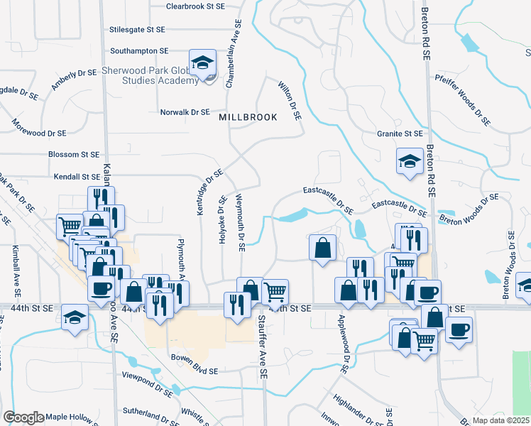 map of restaurants, bars, coffee shops, grocery stores, and more near 2063 Eastcastle Drive Southeast in Grand Rapids