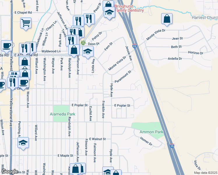 map of restaurants, bars, coffee shops, grocery stores, and more near 1234 East Cedar Street in Pocatello