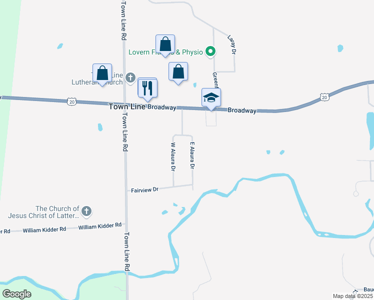 map of restaurants, bars, coffee shops, grocery stores, and more near 956 East Alaura Drive in Alden