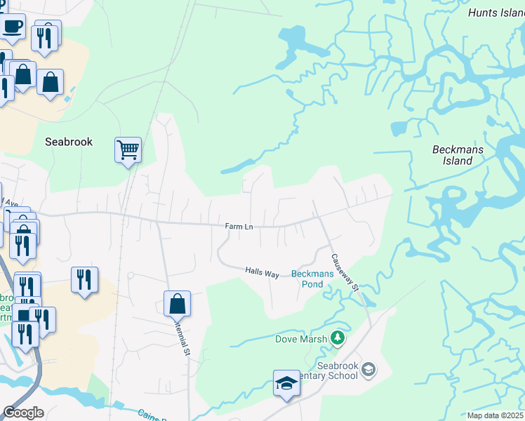 map of restaurants, bars, coffee shops, grocery stores, and more near 69 Farm Lane in Seabrook