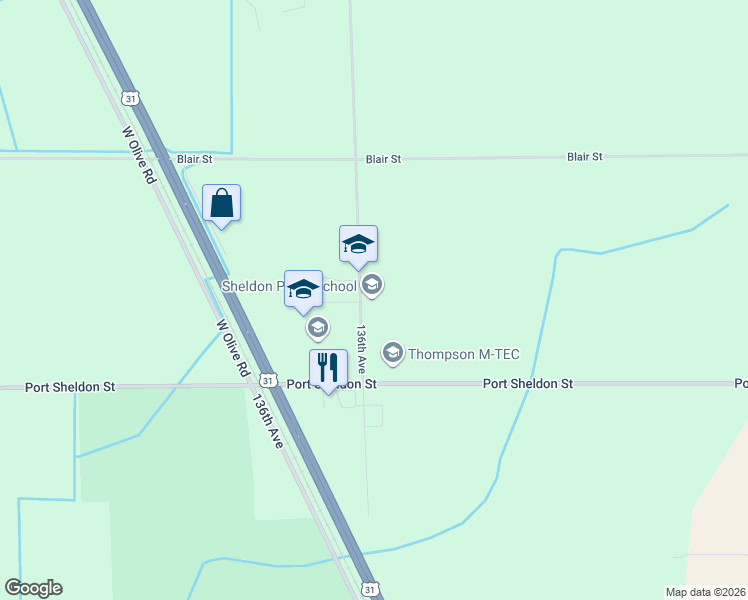 map of restaurants, bars, coffee shops, grocery stores, and more near 6542 136th Avenue in Holland