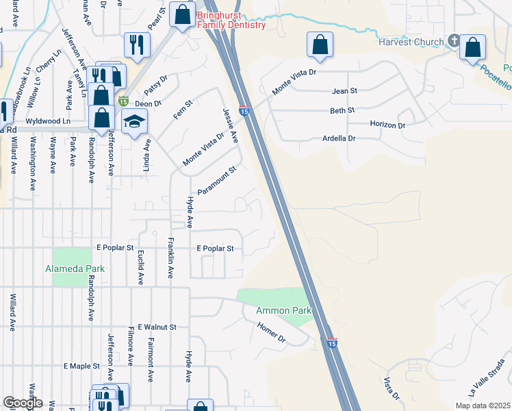 map of restaurants, bars, coffee shops, grocery stores, and more near 1513 Chloe Lane in Pocatello