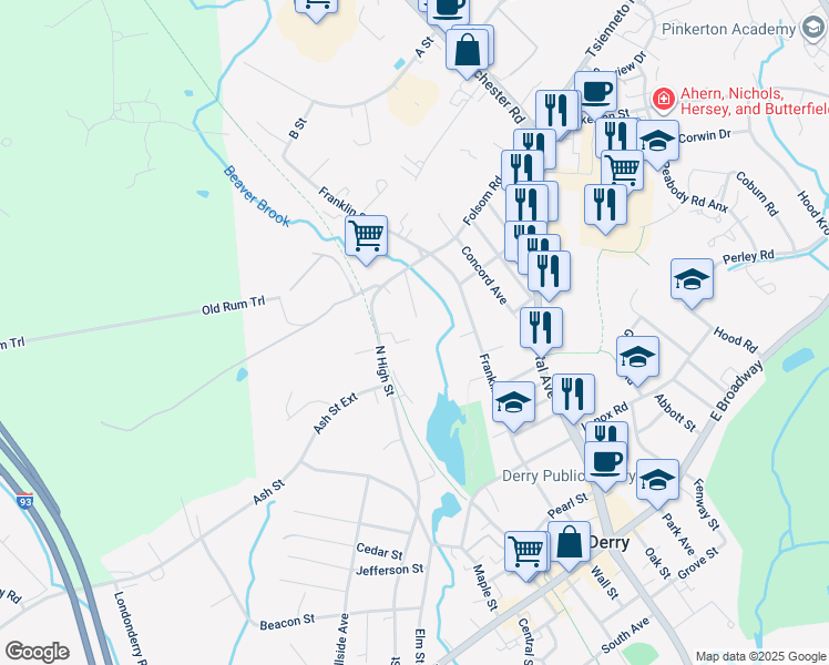 map of restaurants, bars, coffee shops, grocery stores, and more near 6 Ferland Drive in Derry