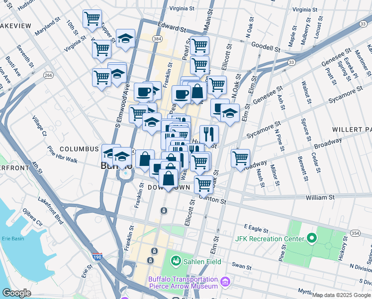 map of restaurants, bars, coffee shops, grocery stores, and more near 540 Main Street in Buffalo