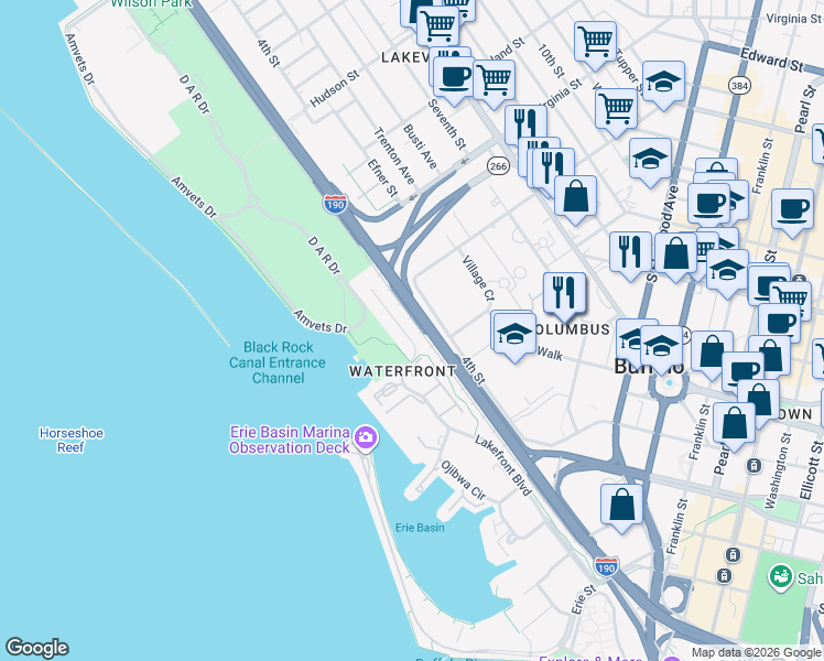 map of restaurants, bars, coffee shops, grocery stores, and more near 357 Lakefront Boulevard in Buffalo