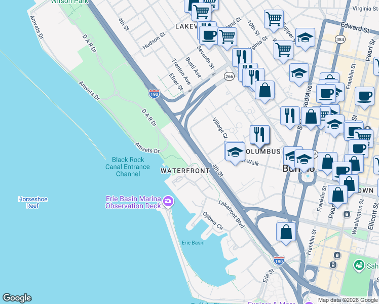 map of restaurants, bars, coffee shops, grocery stores, and more near 357 Lakefront Boulevard in Buffalo