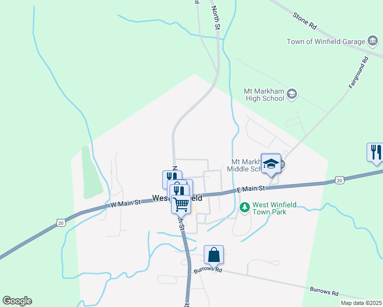 map of restaurants, bars, coffee shops, grocery stores, and more near 423 Pleasant St in West Winfield