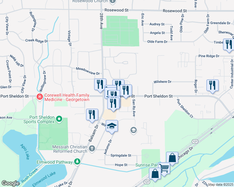 map of restaurants, bars, coffee shops, grocery stores, and more near 6692 Cedar Grove West in Georgetown Township