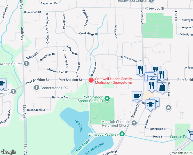 map of restaurants, bars, coffee shops, grocery stores, and more near 6542 Rollingview Drive in Hudsonville
