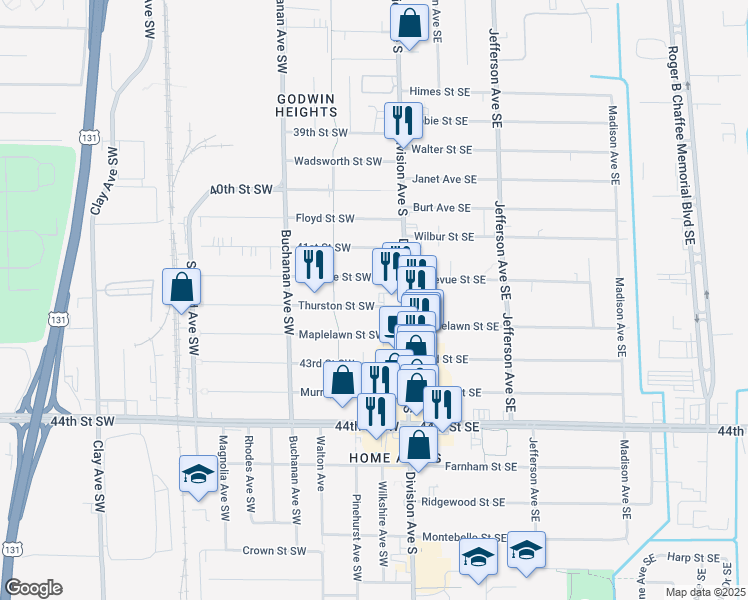 map of restaurants, bars, coffee shops, grocery stores, and more near 29 Thurston Street Southwest in Grand Rapids