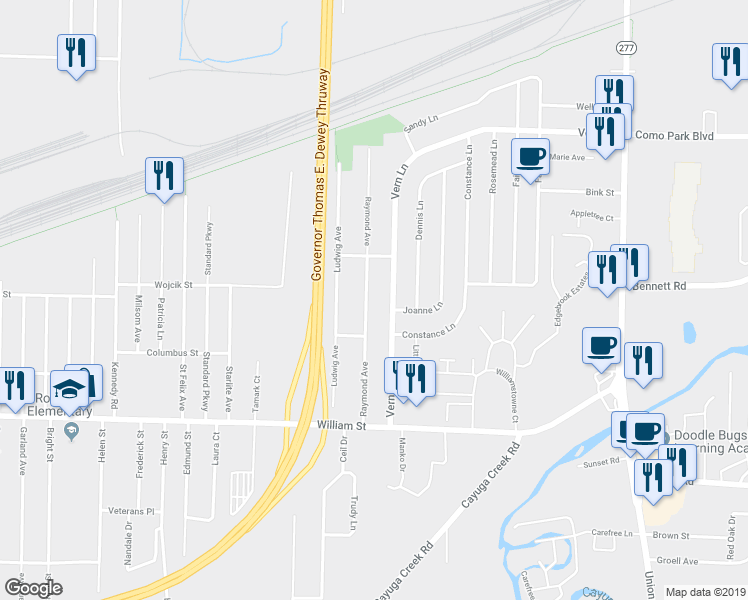 map of restaurants, bars, coffee shops, grocery stores, and more near 145 Raymond Avenue in Buffalo
