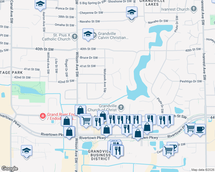 map of restaurants, bars, coffee shops, grocery stores, and more near 4218 Mohawk Avenue Southwest in Grandville