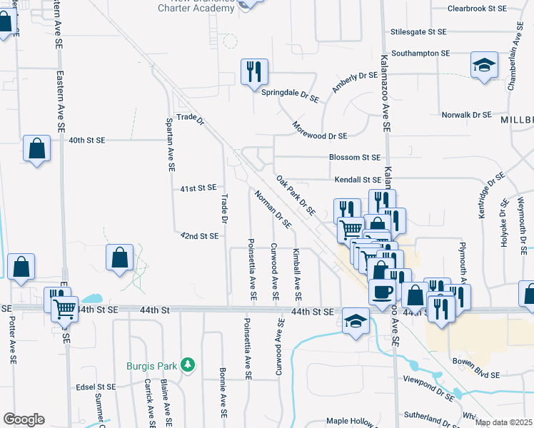 map of restaurants, bars, coffee shops, grocery stores, and more near 4145 Curwood in Grand Rapids
