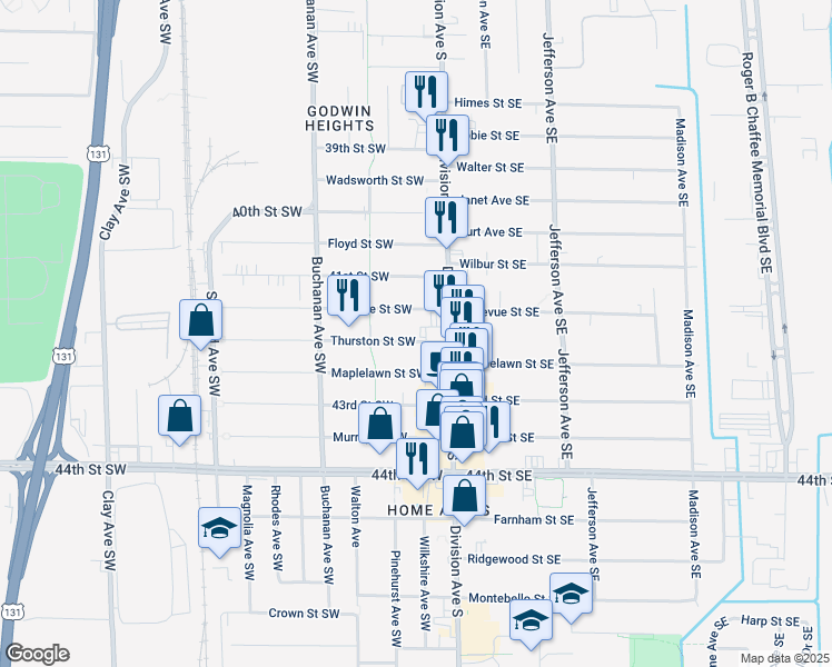 map of restaurants, bars, coffee shops, grocery stores, and more near 29 Thurston Street Southwest in Grand Rapids