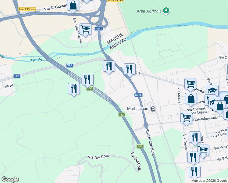 map of restaurants, bars, coffee shops, grocery stores, and more near Via Colle di Marzio in Martinsicuro