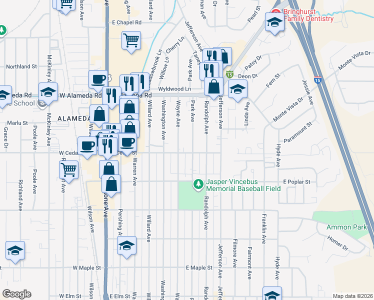 map of restaurants, bars, coffee shops, grocery stores, and more near 660 East Cedar Street in Pocatello