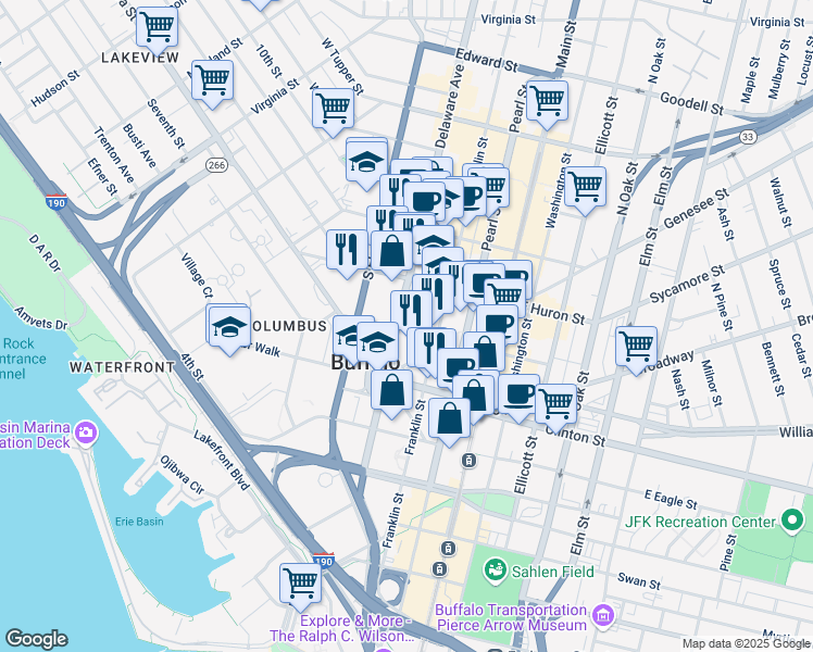 map of restaurants, bars, coffee shops, grocery stores, and more near 135 Delaware Avenue in Buffalo