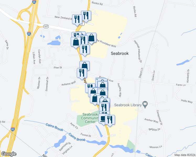 map of restaurants, bars, coffee shops, grocery stores, and more near 30 Railroad Avenue in Seabrook