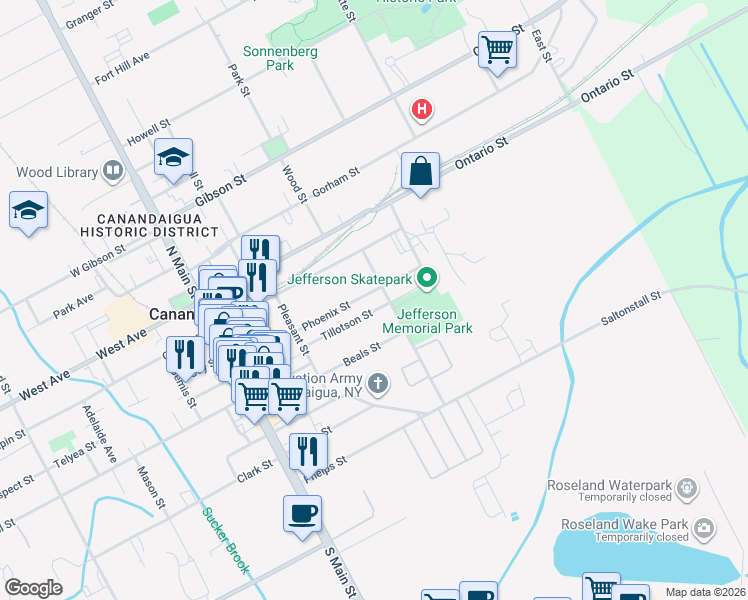 map of restaurants, bars, coffee shops, grocery stores, and more near 136 Tillotson Street in Canandaigua