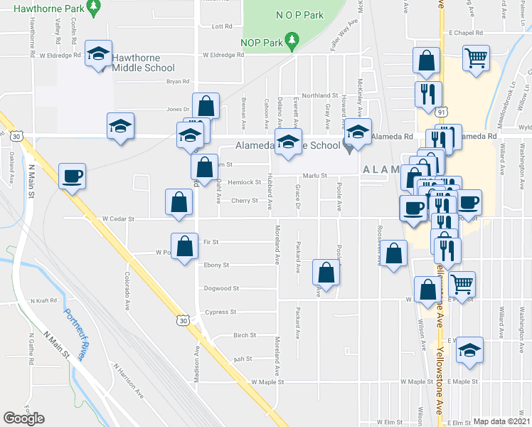 map of restaurants, bars, coffee shops, grocery stores, and more near 707 Hubbard Avenue in Pocatello