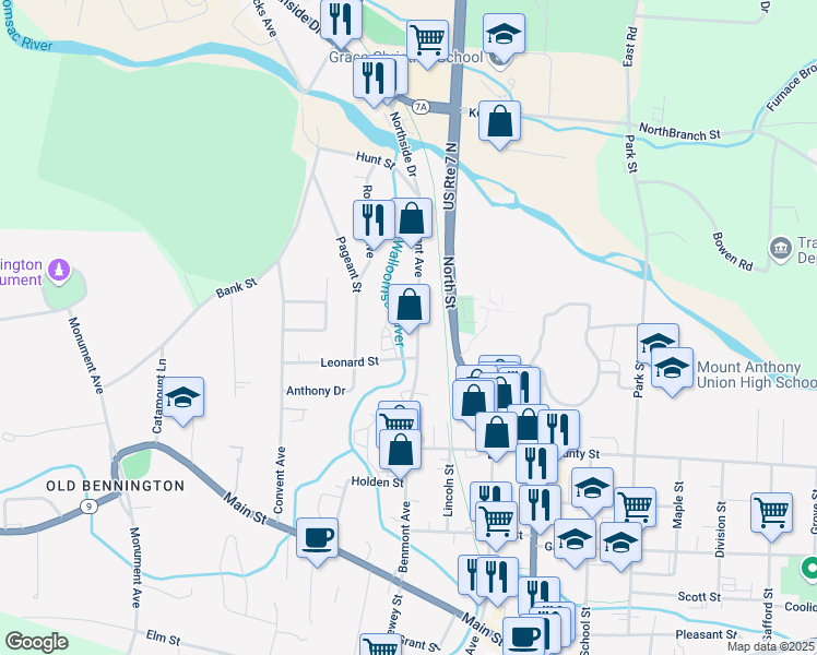 map of restaurants, bars, coffee shops, grocery stores, and more near 226 1/2 Benmont Avenue in Bennington
