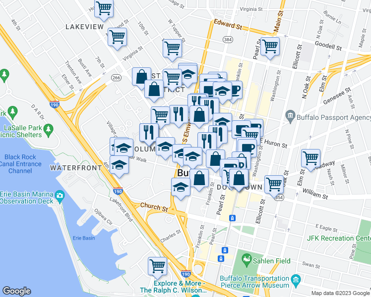 map of restaurants, bars, coffee shops, grocery stores, and more near 99 South Elmwood Avenue in Buffalo