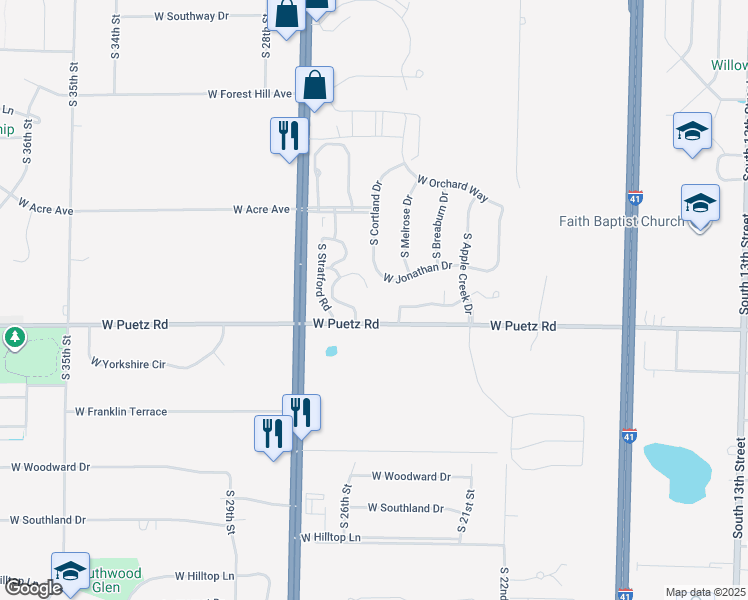 map of restaurants, bars, coffee shops, grocery stores, and more near 8610 Roxbury Way in Oak Creek
