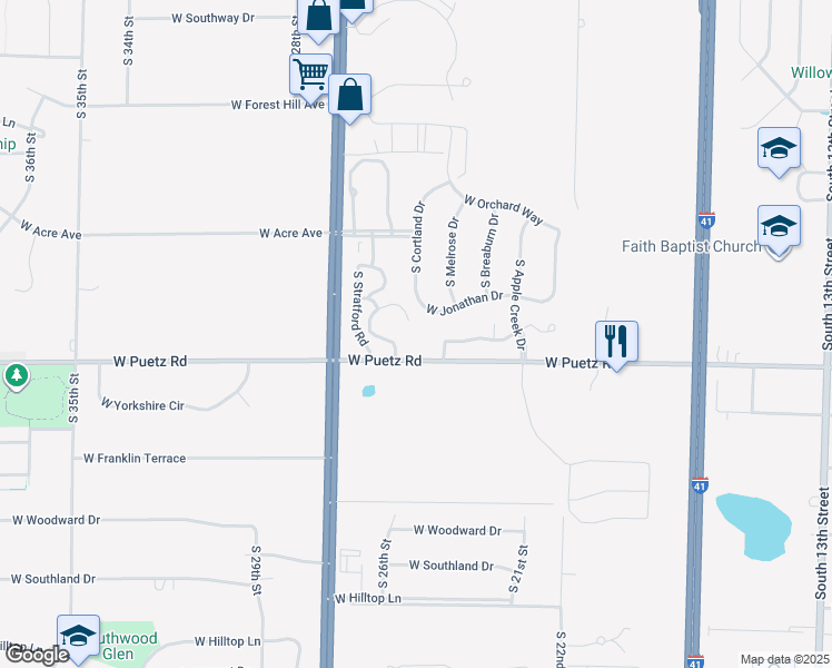 map of restaurants, bars, coffee shops, grocery stores, and more near 8610 Roxbury Way in Oak Creek