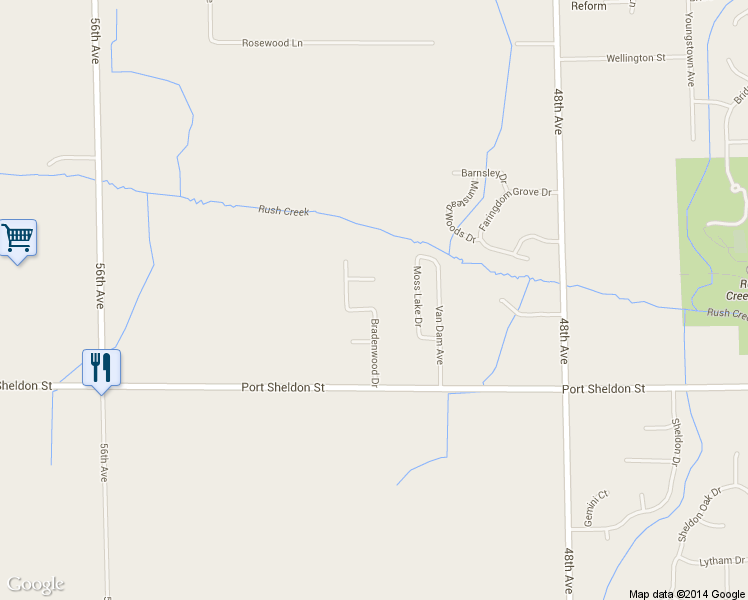 map of restaurants, bars, coffee shops, grocery stores, and more near 6532 Bradenwood Drive in Hudsonville