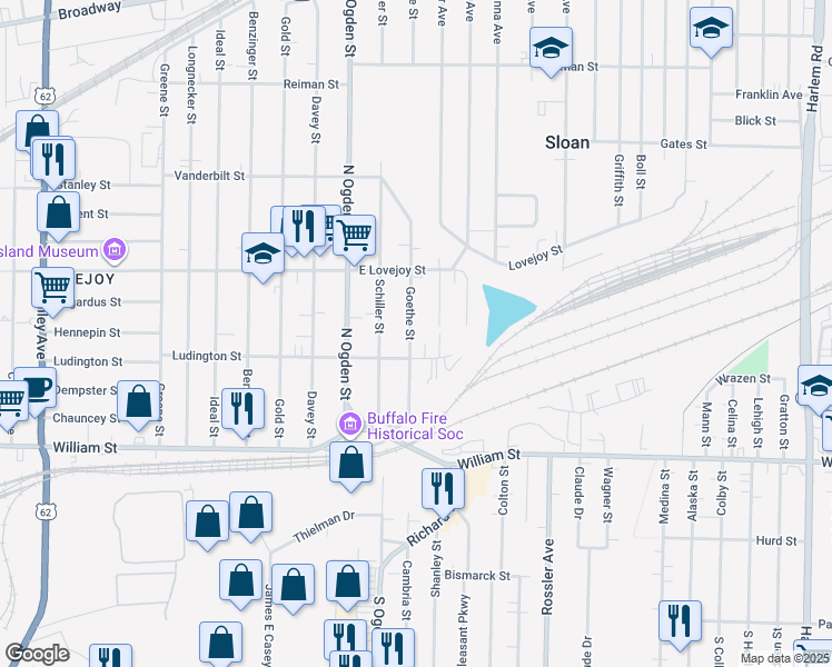map of restaurants, bars, coffee shops, grocery stores, and more near 99 Goethe Street in Buffalo