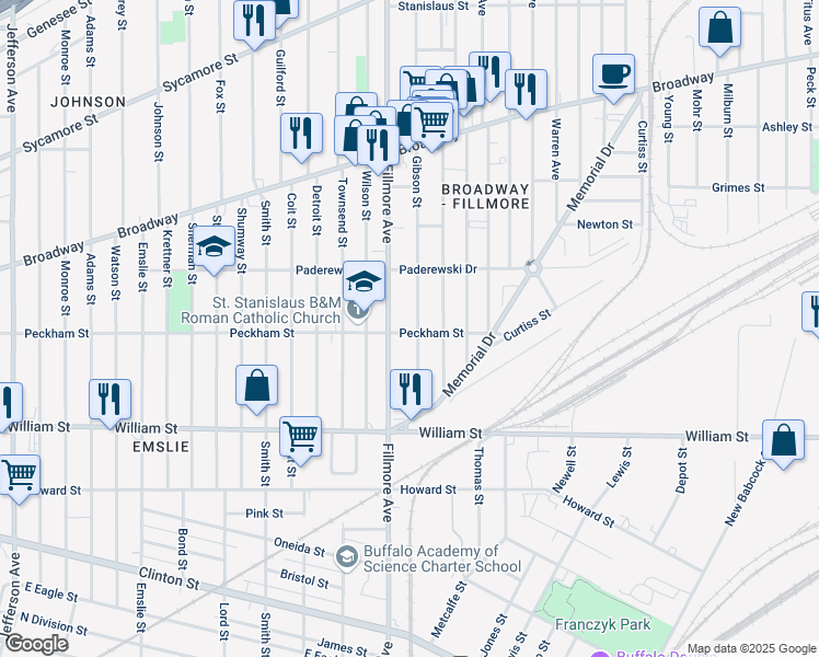 map of restaurants, bars, coffee shops, grocery stores, and more near 86 Gibson Street in Buffalo