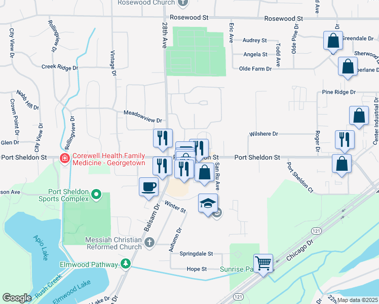 map of restaurants, bars, coffee shops, grocery stores, and more near 6692 Cedar Grove West in Jenison