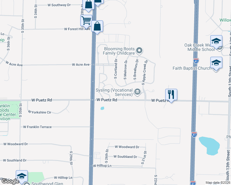 map of restaurants, bars, coffee shops, grocery stores, and more near 8610 Roxbury Way in Oak Creek