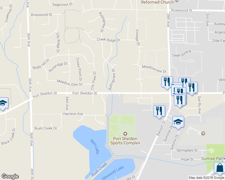 map of restaurants, bars, coffee shops, grocery stores, and more near 6542 Rollingview Drive in Hudsonville