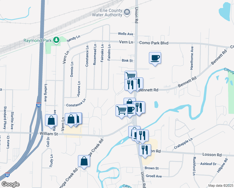 map of restaurants, bars, coffee shops, grocery stores, and more near 78 Edgebrook Estates in Cheektowaga