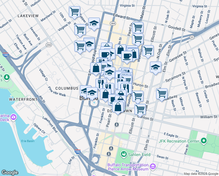 map of restaurants, bars, coffee shops, grocery stores, and more near 175 Franklin Street in Buffalo