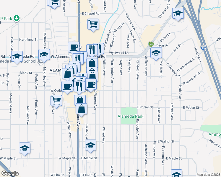 map of restaurants, bars, coffee shops, grocery stores, and more near 715 Washington Avenue in Pocatello
