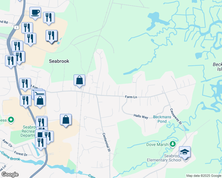 map of restaurants, bars, coffee shops, grocery stores, and more near 10 Acorn Drive in Seabrook