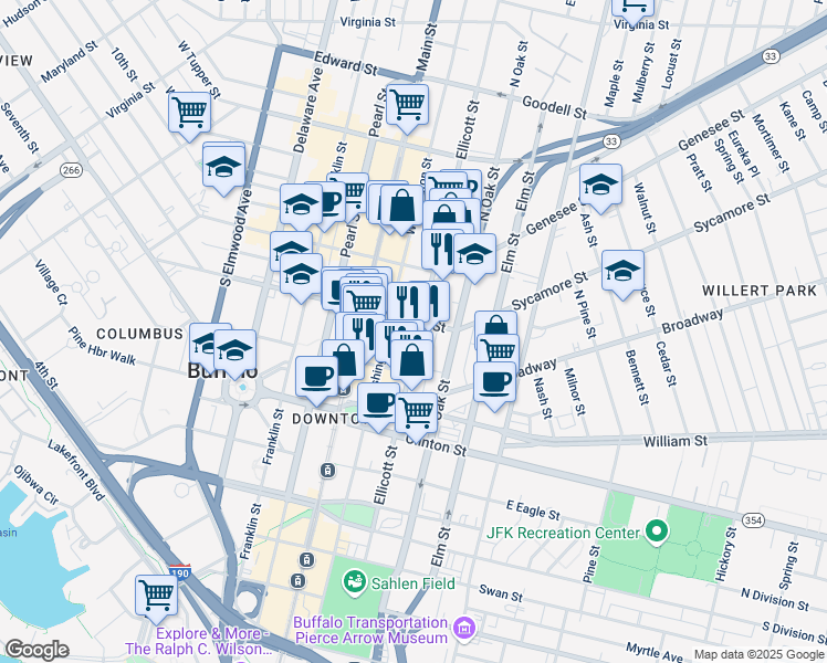 map of restaurants, bars, coffee shops, grocery stores, and more near 348 Ellicott Street in Buffalo