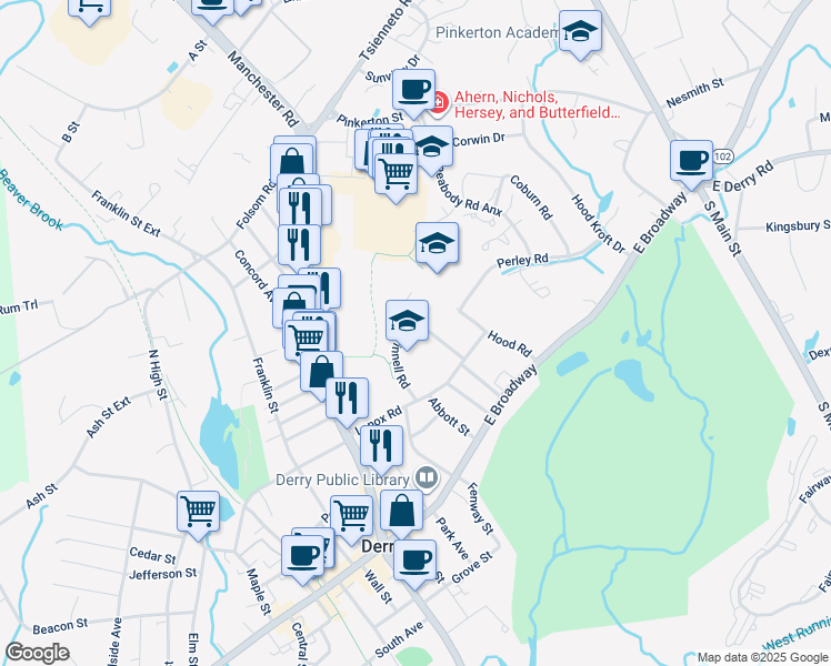 map of restaurants, bars, coffee shops, grocery stores, and more near 30 Mount Pleasant Street in Derry