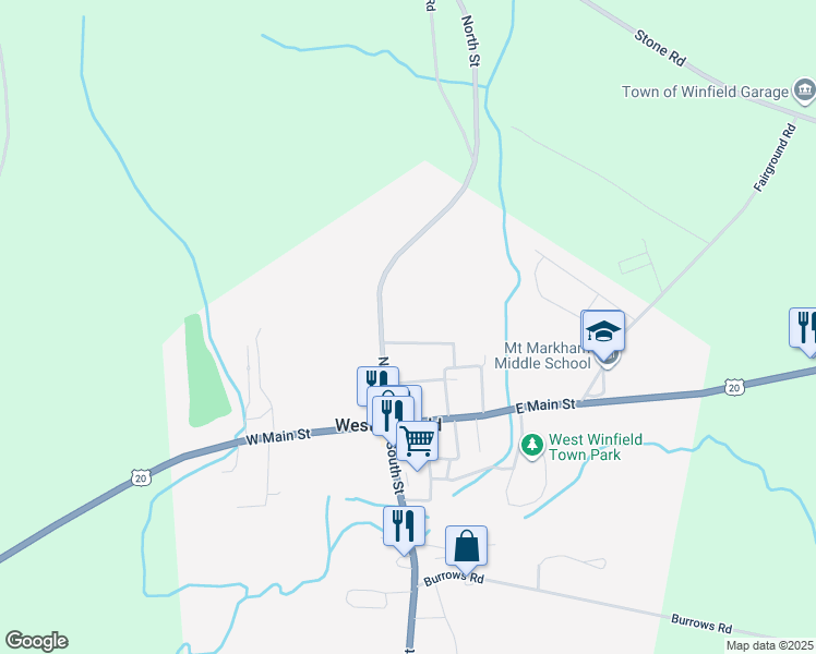 map of restaurants, bars, coffee shops, grocery stores, and more near 423 Pleasant Street in West Winfield