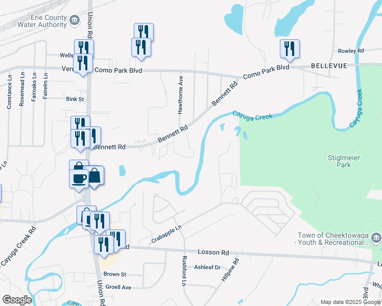 map of restaurants, bars, coffee shops, grocery stores, and more near 229 Bennett Road in Cheektowaga