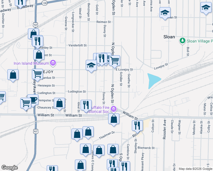 map of restaurants, bars, coffee shops, grocery stores, and more near 118 Davey Street in Buffalo