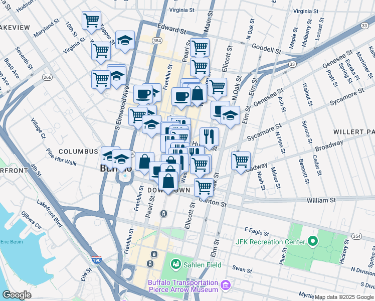 map of restaurants, bars, coffee shops, grocery stores, and more near 504 Washington Street in Buffalo